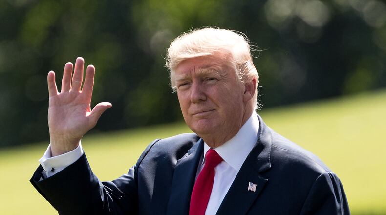 President Donald Trump leaves for vacation in Bedminster, N.J., boarding the Marine One on the South Lawn of the White House, in Washington, D.C., United States of America on Aug. 4, 2017. (Ting Shen/Xinhua News Agency/Sipa USA)