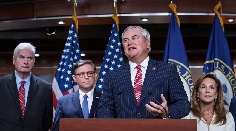 House Oversight Committee Chairman James Comer, R-Ky., center, is joined from left by House Majority Whip Tom Emmer, R-Minn., Speaker of the House Mike Johnson, R-La., and Rep. Lisa McClain, R-Mich., to talk to reporters about the Jeffrey Epstein investigation, at the Capitol in Washington, Tuesday, Oct. 21, 2025. (AP Photo/J. Scott Applewhite)