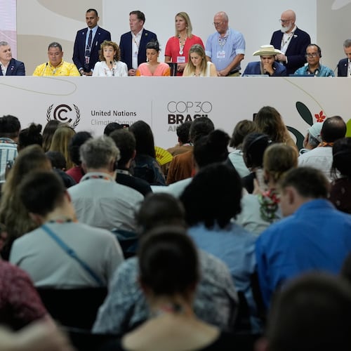 Sophia Hermans, deputy prime minister of the Netherlands, fourth from left sitting, speaks during a session surrounded by other countries at the COP30 U.N. Climate Summit, Friday, Nov. 21, 2025, in Belem, Brazil. (AP Photo/Fernando Llano)