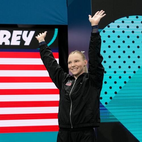 FILE - Jade Carey, of the United States, is introduced during the women's artistic gymnastics individual vault finals at Bercy Arena at the 2024 Summer Olympics, Aug. 3, 2024, in Paris. (AP Photo/Francisco Seco, File)