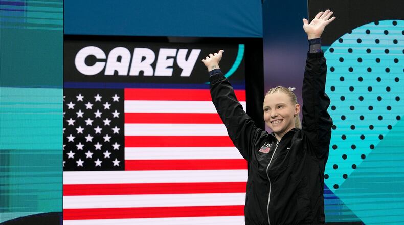 FILE - Jade Carey, of the United States, is introduced during the women's artistic gymnastics individual vault finals at Bercy Arena at the 2024 Summer Olympics, Aug. 3, 2024, in Paris. (AP Photo/Francisco Seco, File)