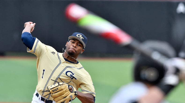 Georgia Tech pitcher Xzavion Curry (1) throws against Wake Forest during the Atlantic Coast Conference baseball tournament in Louisville, Ky., Thursday, May. 25, 2017. (Timothy D. Easley/theACC.com via AP)