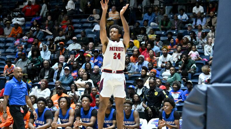 Sandy Creek's Pj Green (24) gets off a shot during the first half of GHSA Basketball Class 3A Boy’s State Championship game at the Macon Centreplex, Friday, Mar. 8, 2024, in Macon. (Hyosub Shin / Hyosub.Shin@ajc.com)