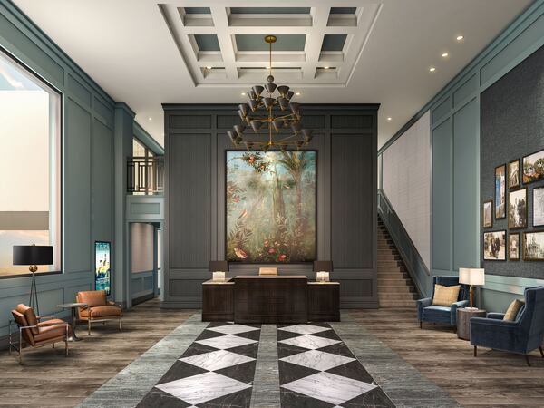 A rendering for the lobby of the Modera Decatur building.