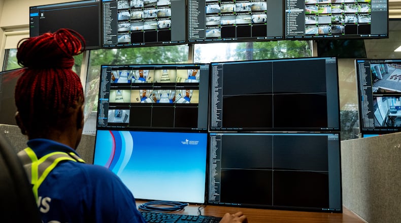 Campus ambassador Kamiya Slaton monitors security cameras across Georgia State University's campus in Atlanta on Wednesday, August 21, 2024. (Seeger Gray / AJC)