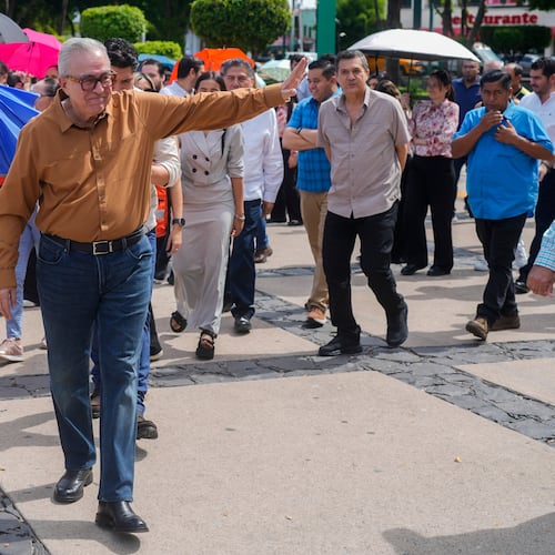 FILE - Sinaloa state Gov. Ruben Rocha waves as he takes part in an annual earthquake drill in Culiacan, Mexico, Sept. 19, 2024. (AP Photo/Eduardo Verdugo, File)