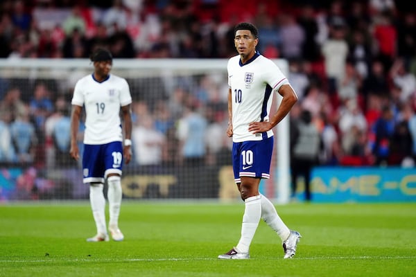 England's Jude Bellingham (10) reacts after Senegal's Cheikh Sabaly scores their side's third goal of the game after an international friendly match at The City Ground in Nottingham, England, Tuesday, June 10, 2025. (Mike Egerton/PA via AP)