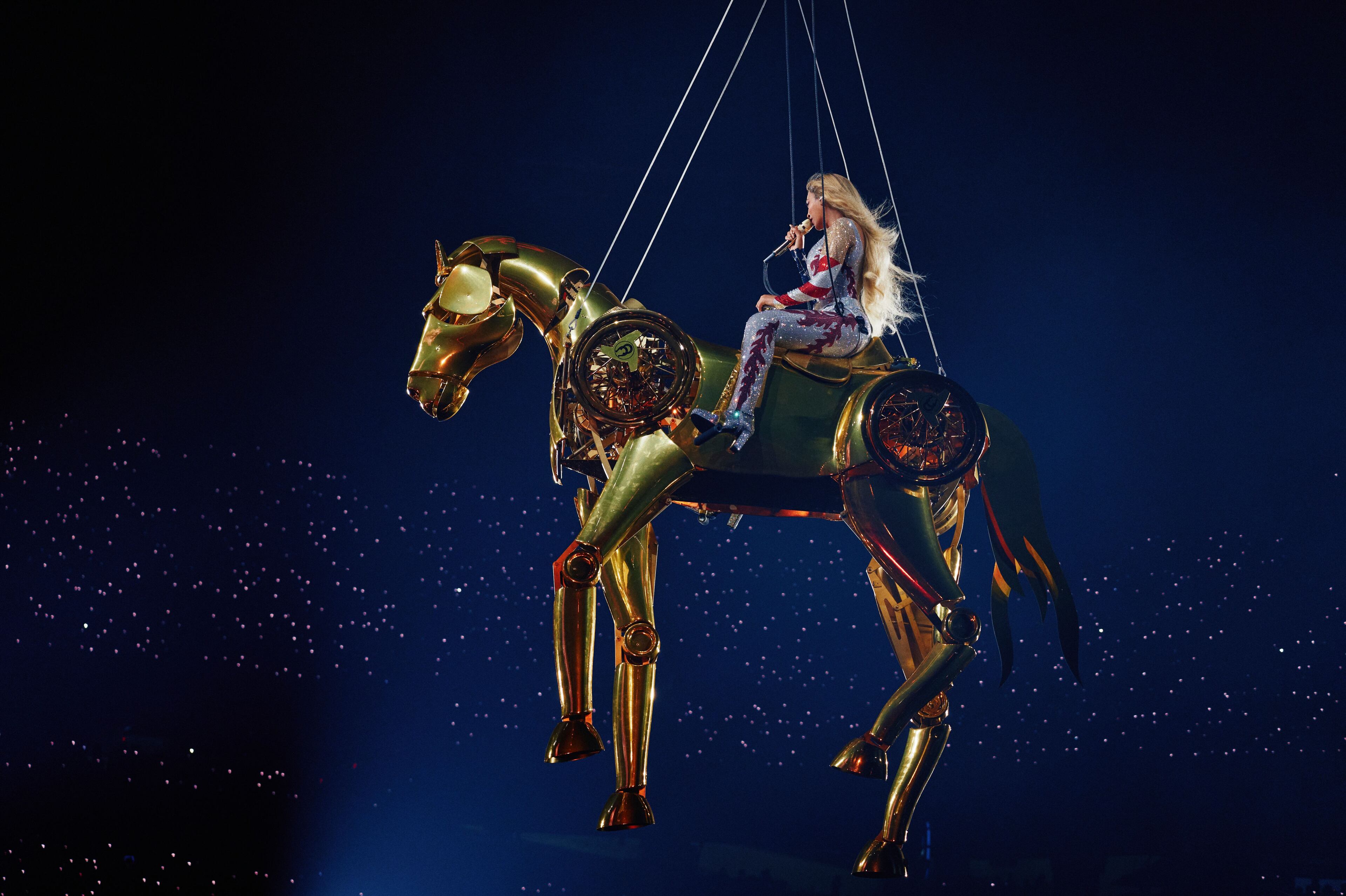 Beyoncé ditched the Cadillac for a prop that seemed even more precarious: a golden mechanical horse. (Julian Dakdouk)