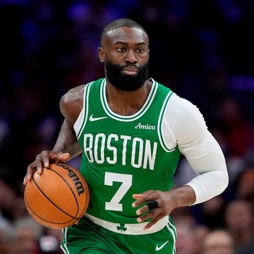 FILE - Boston Celtics' Jaylen Brown plays during Game 6 in a first-round NBA basketball playoff series, April 30, 2026, in Philadelphia. (AP Photo/Matt Slocum, File)
