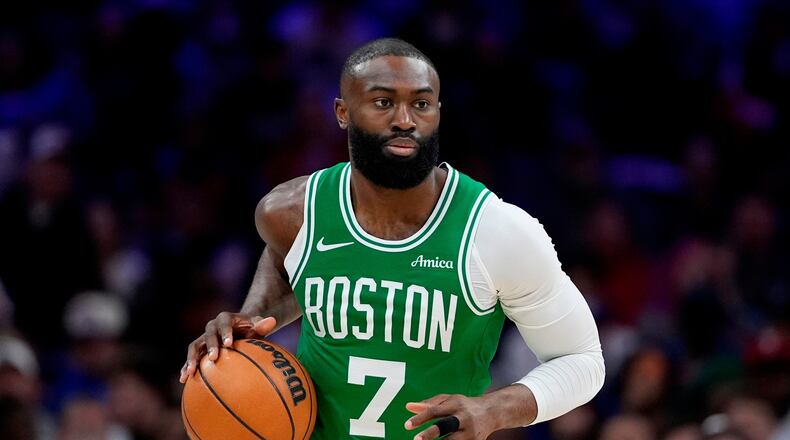 FILE - Boston Celtics' Jaylen Brown plays during Game 6 in a first-round NBA basketball playoff series, April 30, 2026, in Philadelphia. (AP Photo/Matt Slocum, File)