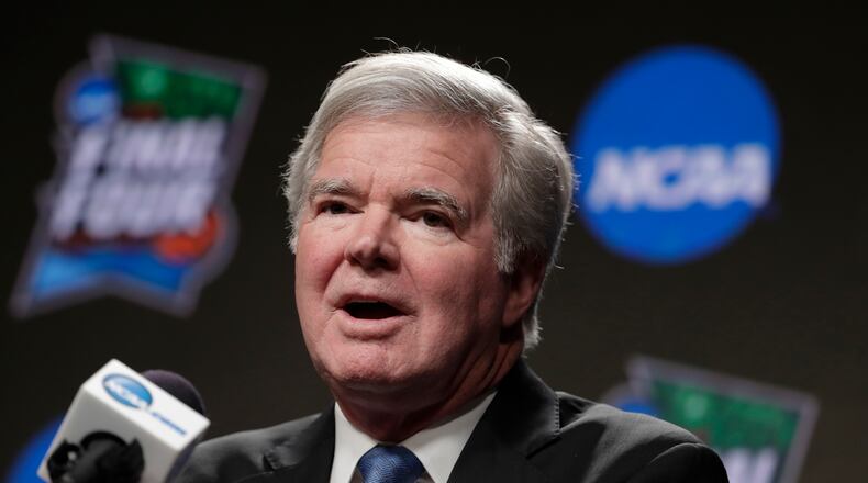 NCAA President Mark Emmert answers questions at a news conference at the Final Four Thursday, April 4, 2019, in Minneapolis.