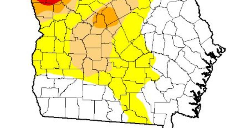 Most of Georgia is experiencing dry or some level of drought conditions. Yellow indicates very dry conditions, tan indicates a moderate drought, orange is for a severe drought and red is an extreme drought. (Credit: U.S. Drought Monitor)