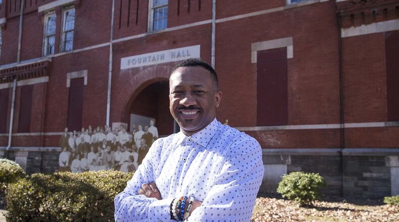 12/05/2019 — Atlanta, Georgia — Acting President of Morris Brown College, Kevin James, stands for a portrait in front of Fountain Hall on the main campus, Thursday, December 5, 2019. (ALYSSA POINTER/ALYSSA.POINTER@AJC.COM)