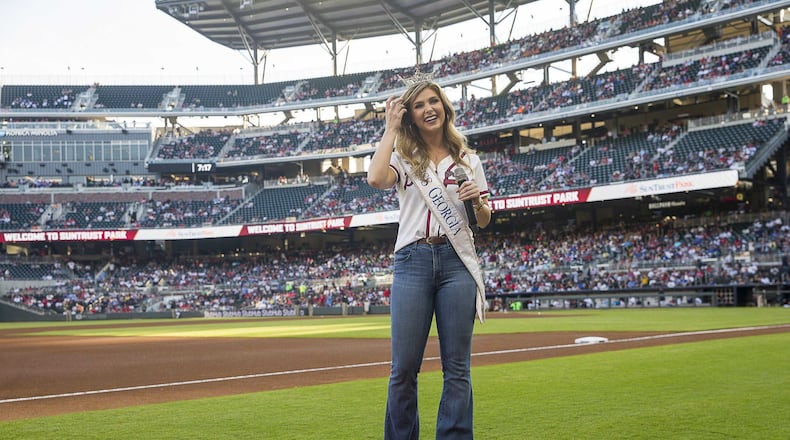 Miss Georgia 2018 Annie Jorgensen is introduced to a crowd gathered at SunTrust Park for the May 16 Braves game. Her successor will be chosen June 15. ALYSSA POINTER / ALYSSA.POINTER@AJC.COM