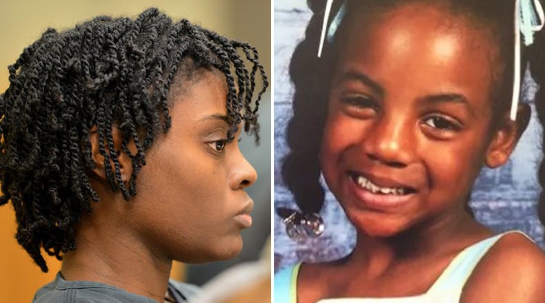 LEFT: Tiffany Moss listens to testimony during court hearing in 2013. (KENT D. JOHNSON / KDJOHNSON@AJC.COM) RIGHT: Emani Moss, 10, was starved to death. (AJC file photo)