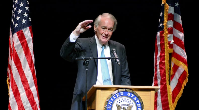 Sen. Ed Markey, D-Mass., holds a town hall-style meeting at the Barrington Stage Company in Pittsfield, Mass., Sunday, Oct. 29, 2017. (Gillian Jones/The Berkshire Eagle via AP)