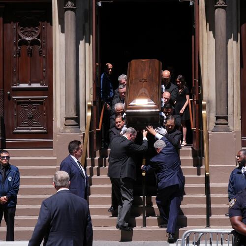Pallbearers carry the casket after funeral services for Clive Davis at Central Synagogue in New York, Monday, June 29, 2026. (AP Photo/Adam Gray)