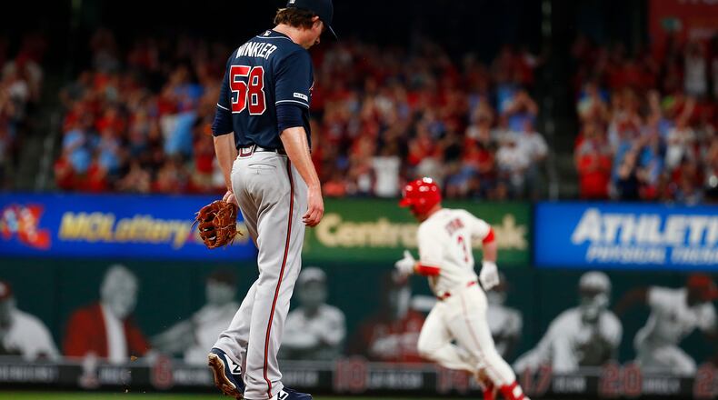 Braves reliever Dan Winkler reacts after the Cardinals’ Jedd Gyorko  hit a game-winning, three-run home run  in the eighth inning May 25, 2019, at Busch Stadium  in St Louis.