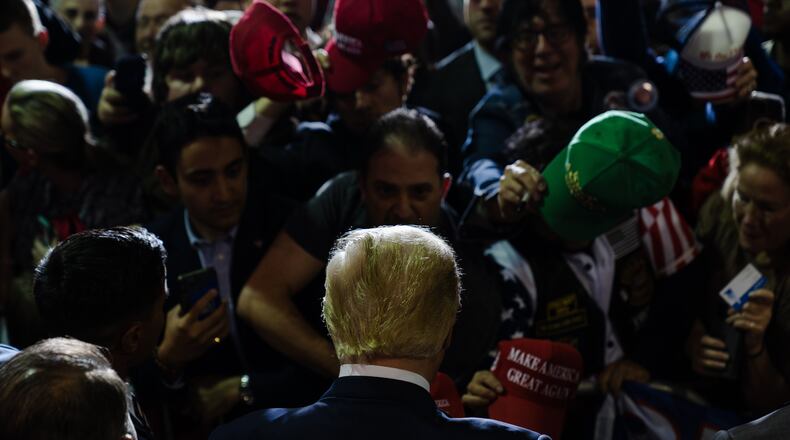 FILE — Former President Donald Trump greets supporters at a rally in Manchester, N.H., April 27, 2023. The former president made it clearer than ever this week that on issues including Ukraine, the economy and the rule of law, his return to office would lead to a sharp departure from core American values. (Sophie Park/The New York Times)