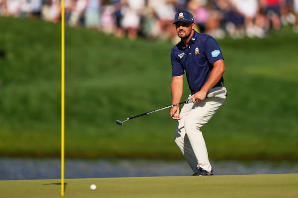 Bryson DeChambeau reacts after missing a putt on the 16th hole during the final round of the PGA Championship golf tournament at the Quail Hollow Club, Sunday, May 18, 2025, in Charlotte, N.C. (AP Photo/Matt York)