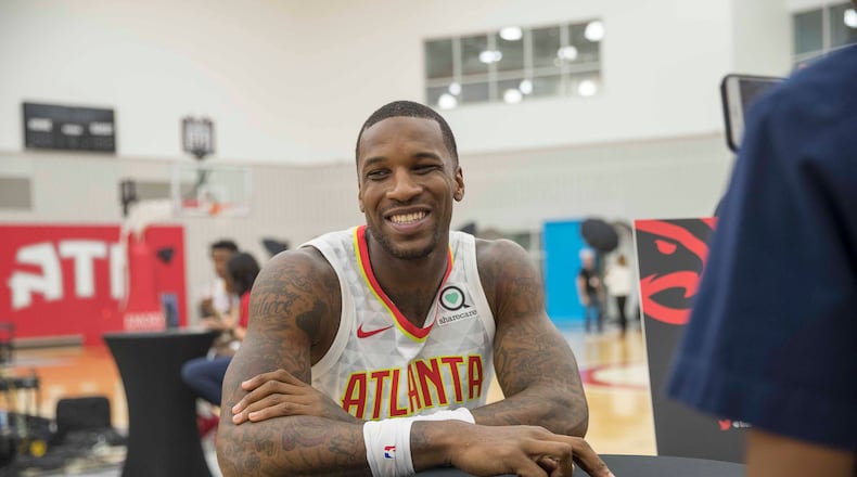 09/24/2018 -- Atlanta, Georgia -- Atlanta Hawks forward Thomas Robinson speaks with members of the press during the Atlanta Hawks Media day at the Emory Sports Medicine Complex, Monday, September 24, 2018. (ALYSSA POINTER/ALYSSA.POINTER@AJC.COM)