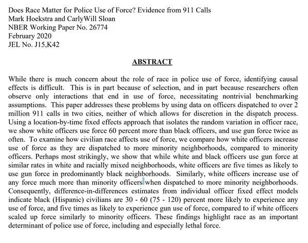 The new study on police force was written by Mark Hoekstra, an economics professor at Texas A&M University, and Carly Will Sloan, a doctoral candidate there. The paper was published Monday by the National Bureau of Economic Research.