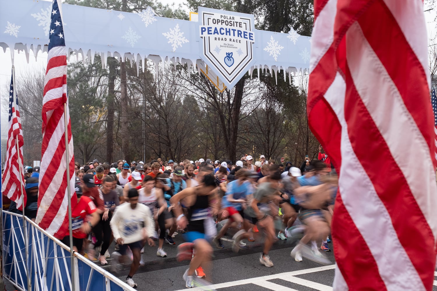 Runners start the Polar Opposite Peachtree Road Race on Saturday, Jan. 3, 2026, in Atlanta. (Ben Gray for the AJC)
