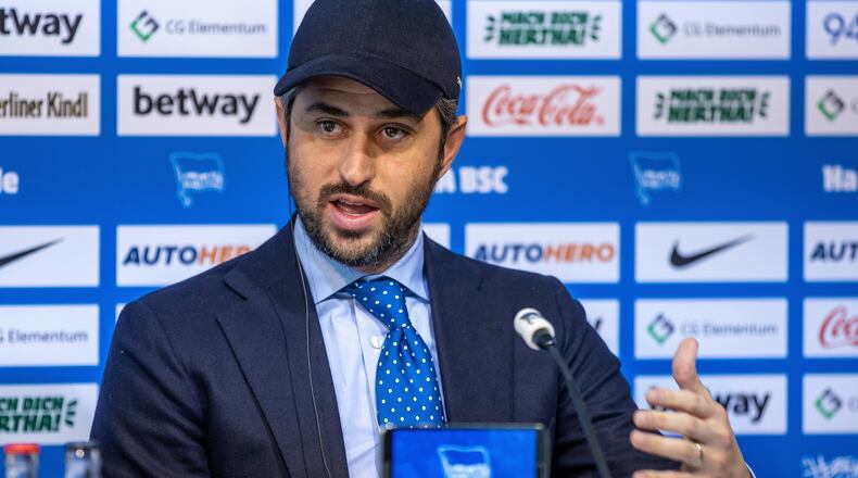 FILE - Josh Wander, CEO of the 777 Partners Group, speaks at a press conference on the entry as new investor for Bundesliga soccer club Hertha BSC in Berlin, Germany, March 13, 2023. (Andreas Gora/dpa via AP, file)