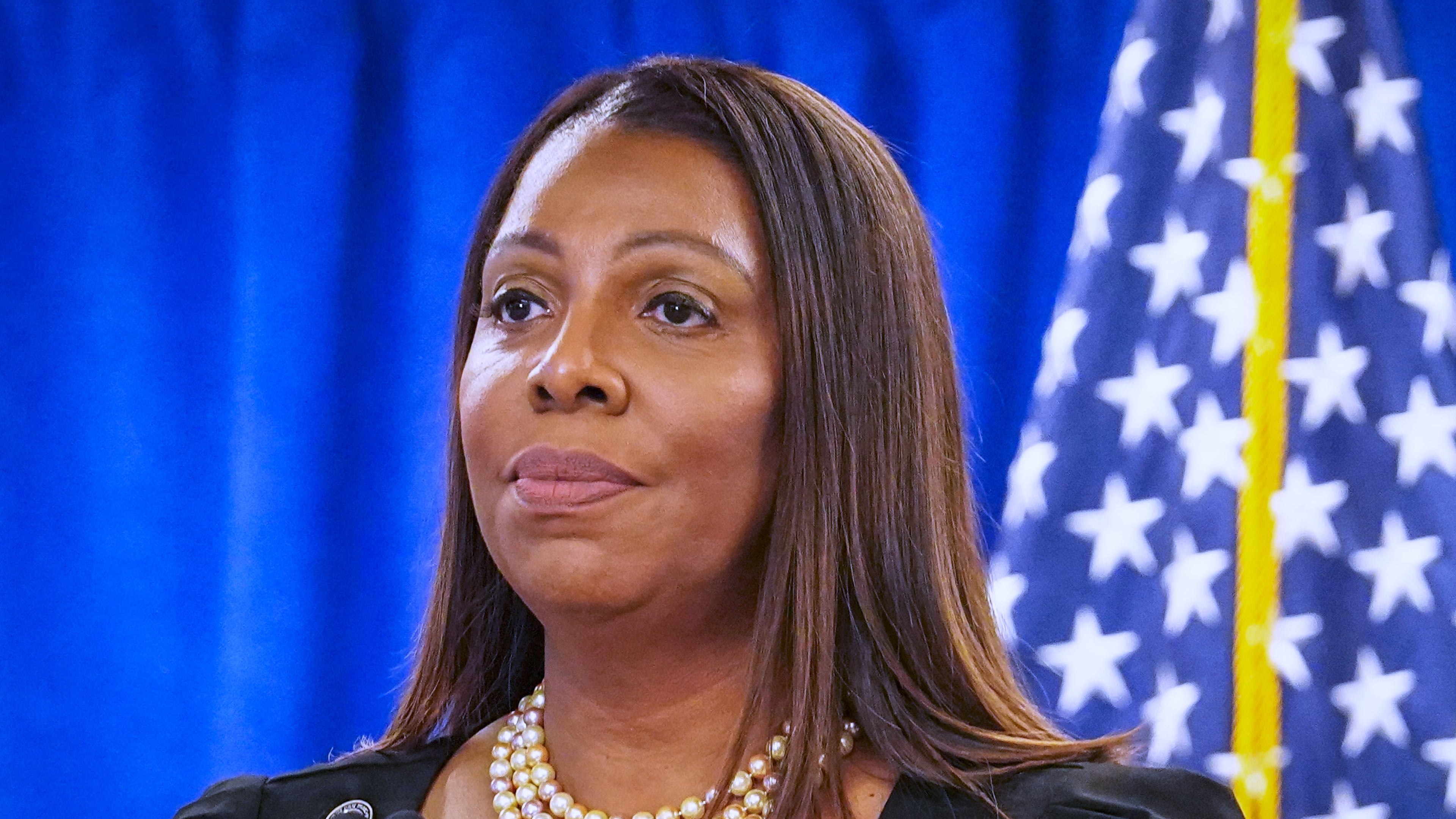 FILE - New York Attorney General Letitia James speaks during a press briefing, Feb. 16, 2024, in New York. (AP Photo/Bebeto Matthews, File)