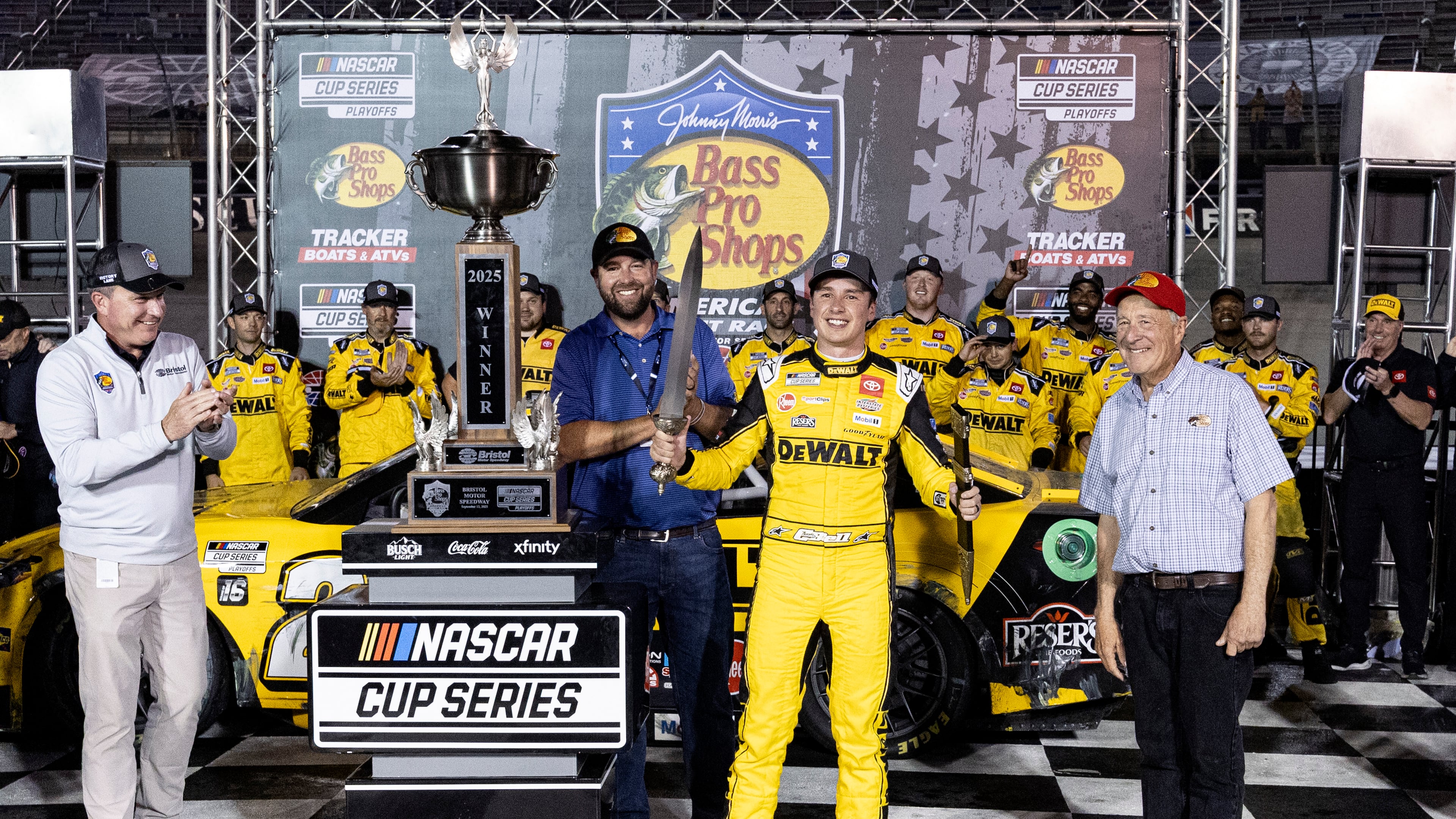 Christopher Bell celebrates winning a NASCAR Cup Series auto race, Saturday, Sept. 13, 2025, in Bristol, Tenn. (AP Photo/Wade Payne)
