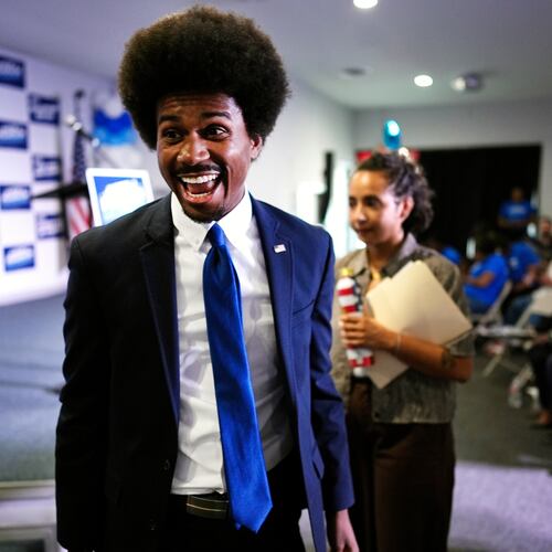 Democratic congressional candidate State Rep. Justin J. Pearson, D-Memphis, smiles upon arriving to a primary election night party Thursday, Oct. 17, 2019, in Memphis, Tenn. (AP Photo/George Walker IV)