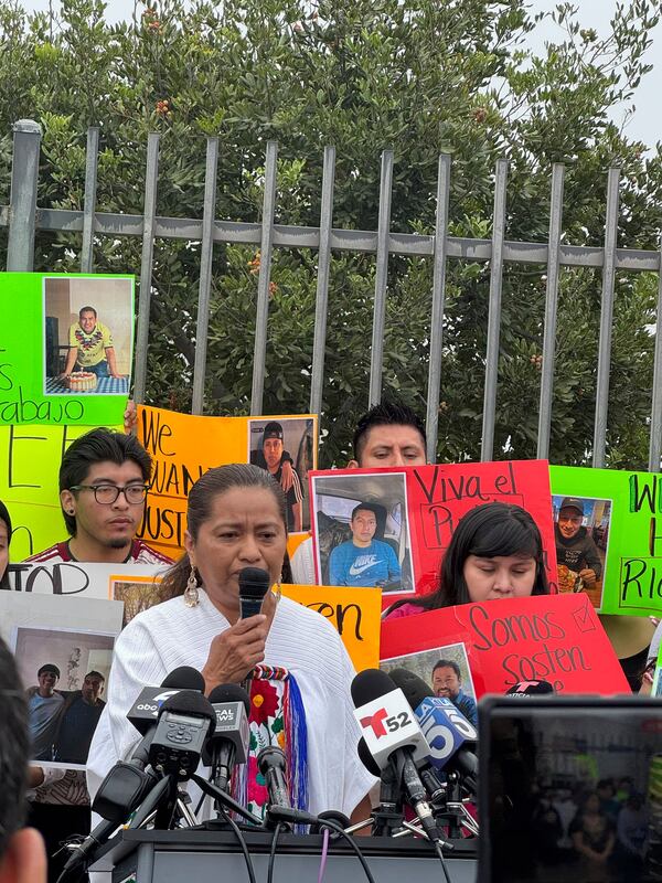 Perla Rios, an Indigenous community leader, at a press conference Monday, June 9, 2025, urged the release of more than a dozen garment workers who were detained by ICE on Friday, at a warehouse in Los Angeles. (AP Photo/Dorany Pineda)