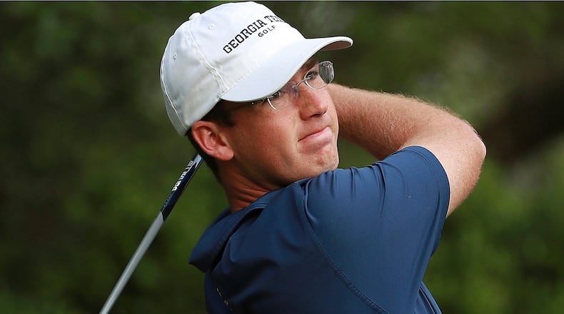Andy Ogletree of Georgia Tech hits a tee shot. (AP Photo/Scott Halleran)