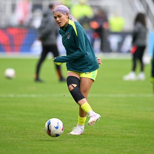 Washington Spirit forward Trinity Rodman warms up before a NWSL semifinal women's soccer match against Portland Thorns FC, Saturday, Nov. 15, 2025, in Washington. (AP Photo/John McDonnell)