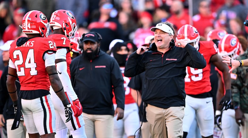 Georgia head coach Kirby Smart shouts instructions during the second half in an NCAA football game at Sanford Stadium, Saturday, November 23, 2024, in Athens. Georgia won 59-21 over UMass. (Hyosub Shin / AJC)