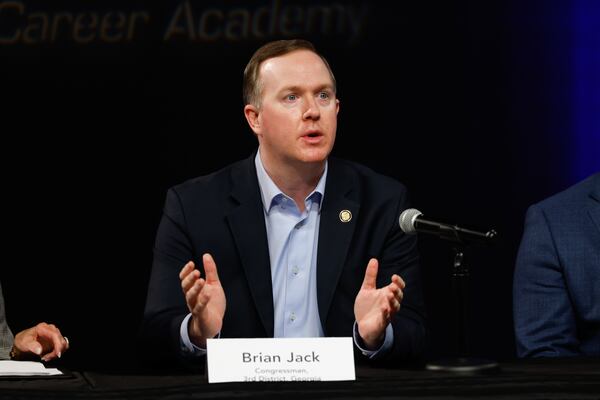 U.S. Rep. Brian Jack speaks on a panel during U.S. Education Secretary Linda McMahon’s visit to Central Education Center in Newnan on Jan. 16, 2026. (Arvin Temkar/AJC)