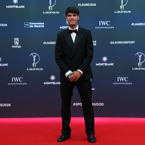 Tennis player Carlos Alcaraz poses as he arrives for the 2026 Laureus World Sports Awards ceremony in Madrid, Spain, Monday, April 20, 2026. (AP Photo/Manu Fernandez)