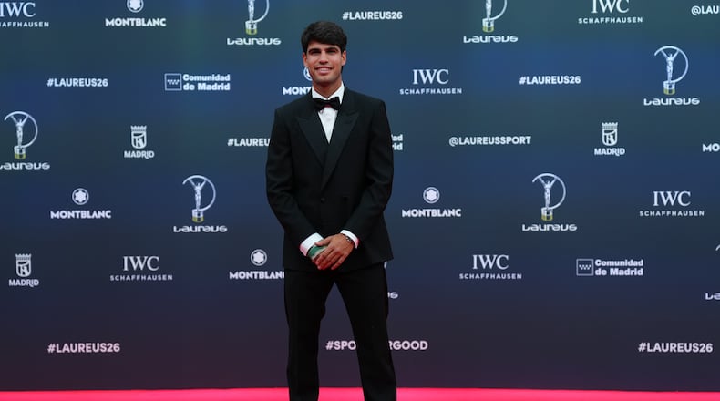 Tennis player Carlos Alcaraz poses as he arrives for the 2026 Laureus World Sports Awards ceremony in Madrid, Spain, Monday, April 20, 2026. (AP Photo/Manu Fernandez)