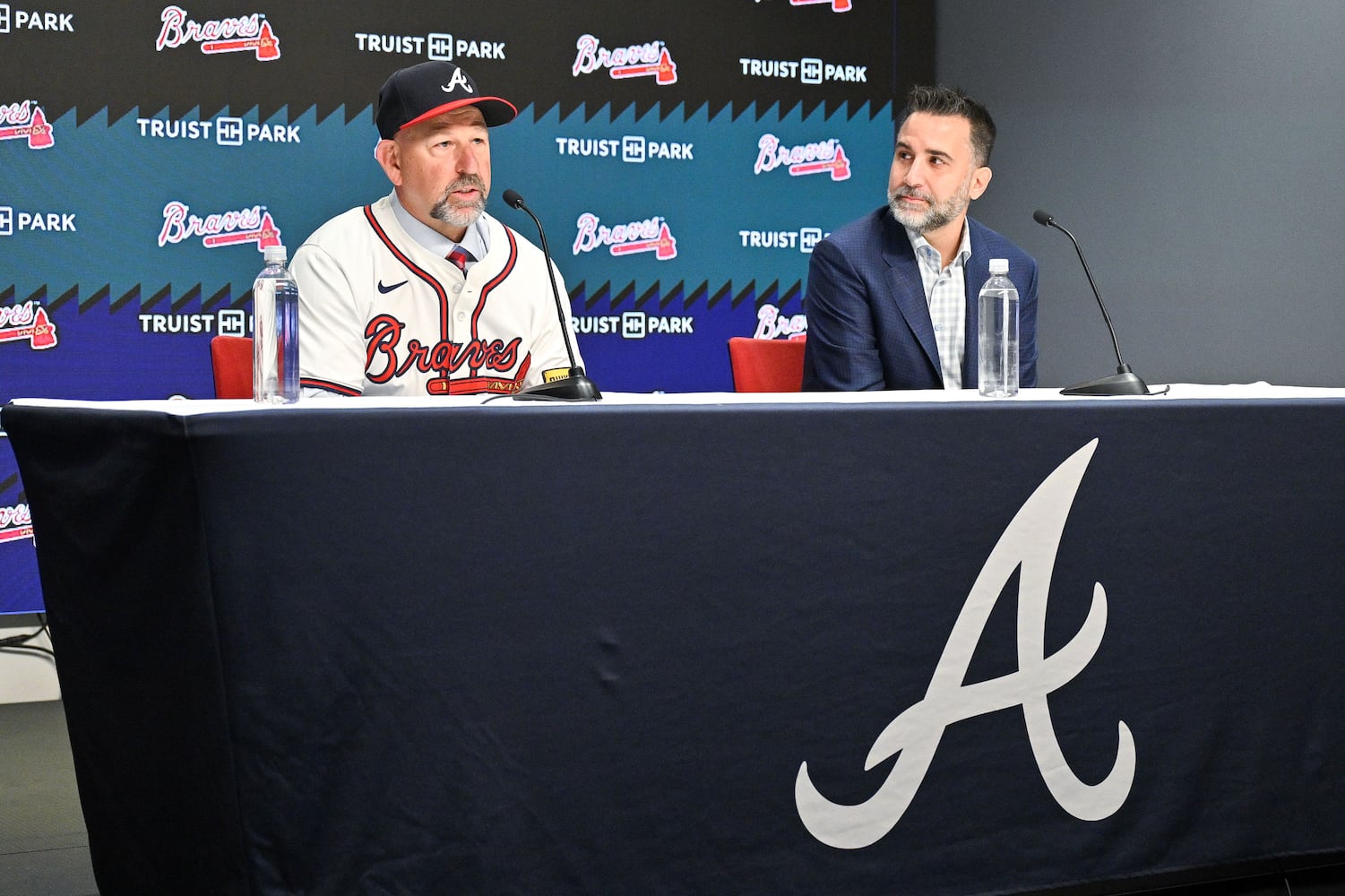 Newly hired Braves manager Walt Weiss (left) and president of baseball operations Alex Anthopoulos attend a news conference Tuesday, Nov. 4, 2025, at Truist Park in Atlanta. (Daniel Varnado for the AJC)