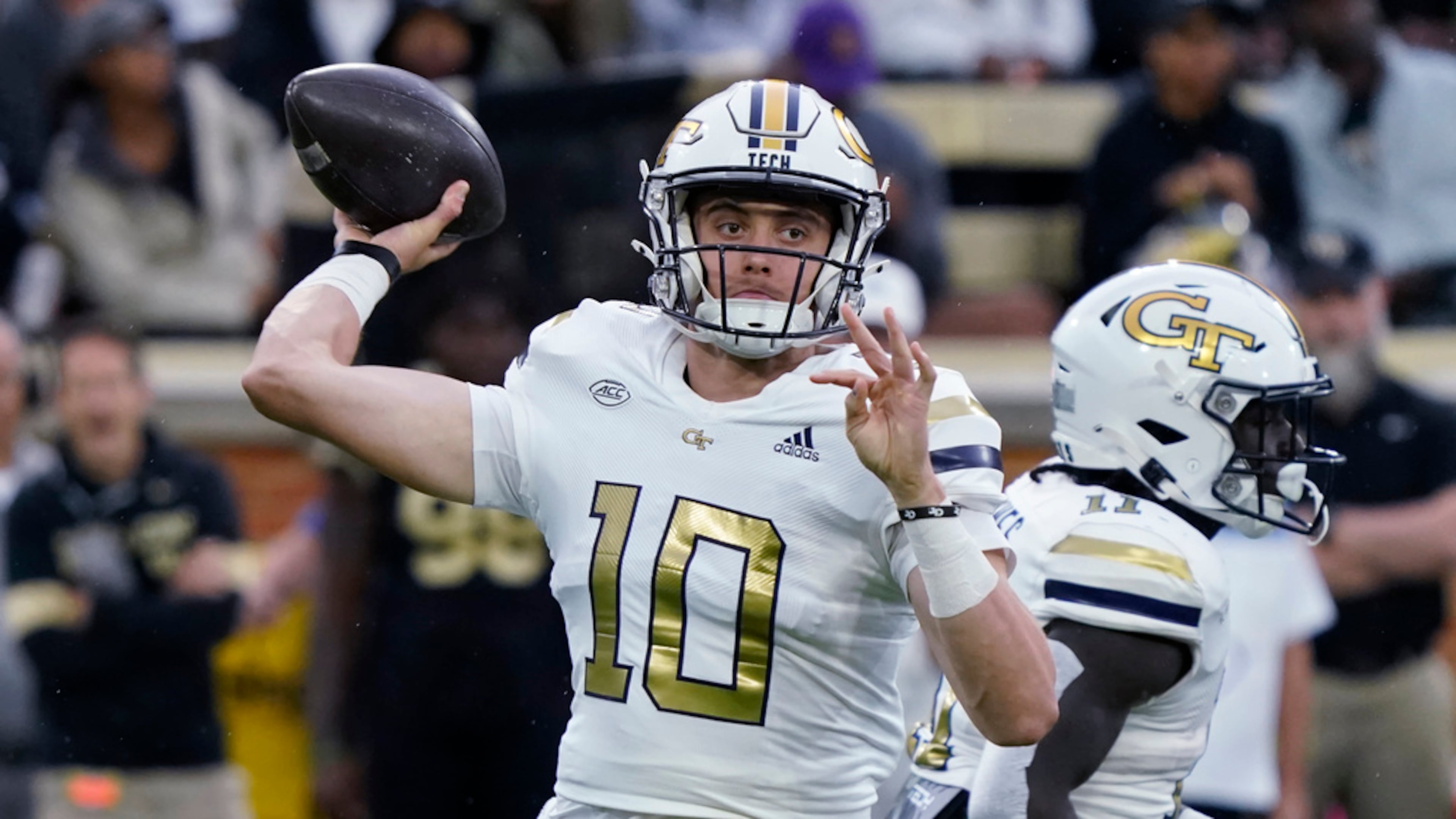 Georgia Tech quarterback Haynes King will lead the No. 16 Yellow Jackets as the team looks for its fifth consecutive win of the season at Wake Forest. (Chuck Burton/AP 2023)