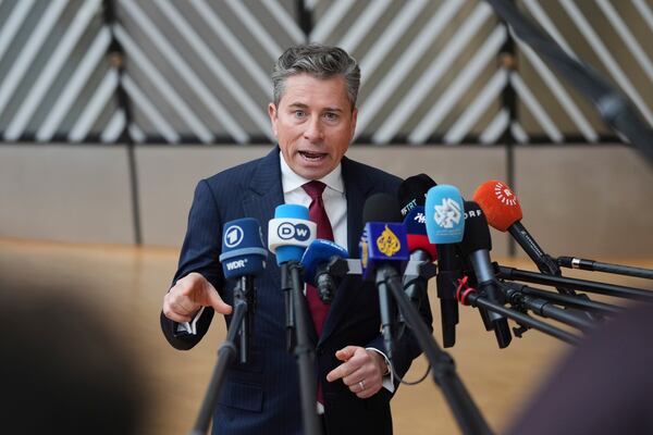 FILE - Tom Fletcher, United Nations Under-Secretary-General for Humanitarian Affairs and Emergency Relief Coordinator, speaks with the media as he arrives for the 9th international conference in Brussels, March 17, 2025. (AP Photo/Virginia Mayo, File)