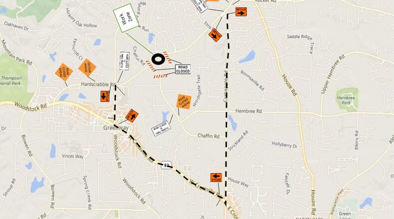 Map depicts recommended detours for the two weeks starting July 9 that the intersection of Hardscrabble and Chaffin roads in Roswell will be closed for construction. CITY OF ROSWELL