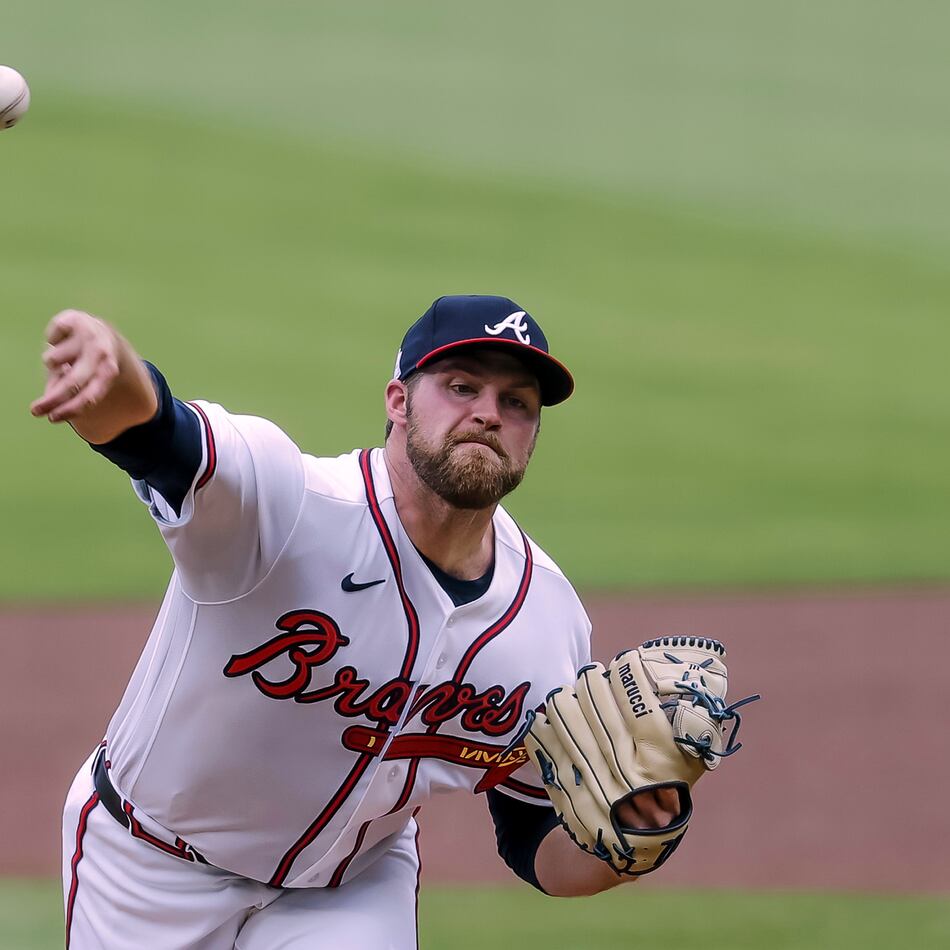 Braves pitcher Bryce Elder delivers to a Pirates batter during the first inning Sunday, June 7, 2026, in Atlanta. Elder had held Pittsburgh to two runs over six innings, allowing two hits and two walks while striking out four. (Erik S. Lesser/AP)