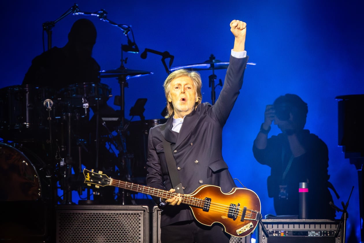 Paul McCartney plays to a nearly sold-out State Farm Arena in Atlanta on Sunday, Nov. 2, 2025, taking fans on a hit-filled journey spanning McCartney's decadeslong career. McCartney played for two hours and 30 minutes with a seven-piece band backing him. (Ryan Fleisher for the AJC)