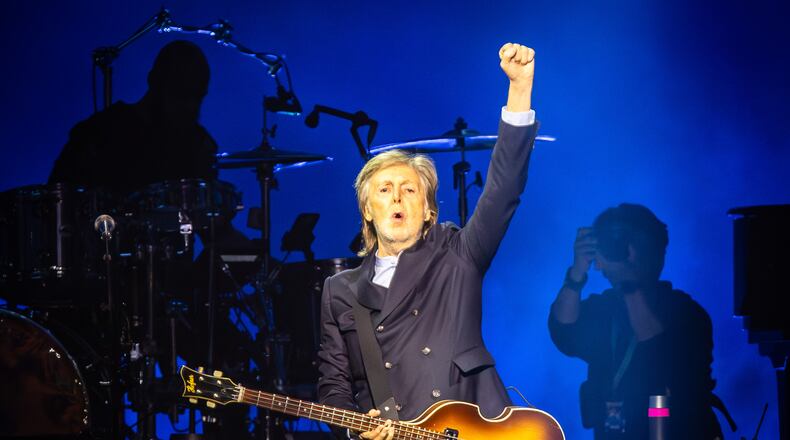 Paul McCartney plays to a nearly sold-out State Farm Arena in Atlanta on Sunday, Nov. 2, 2025, taking fans on a hit-filled journey spanning McCartney's decadeslong career. McCartney played for two hours and 30 minutes with a seven-piece band backing him. (Ryan Fleisher for the AJC)