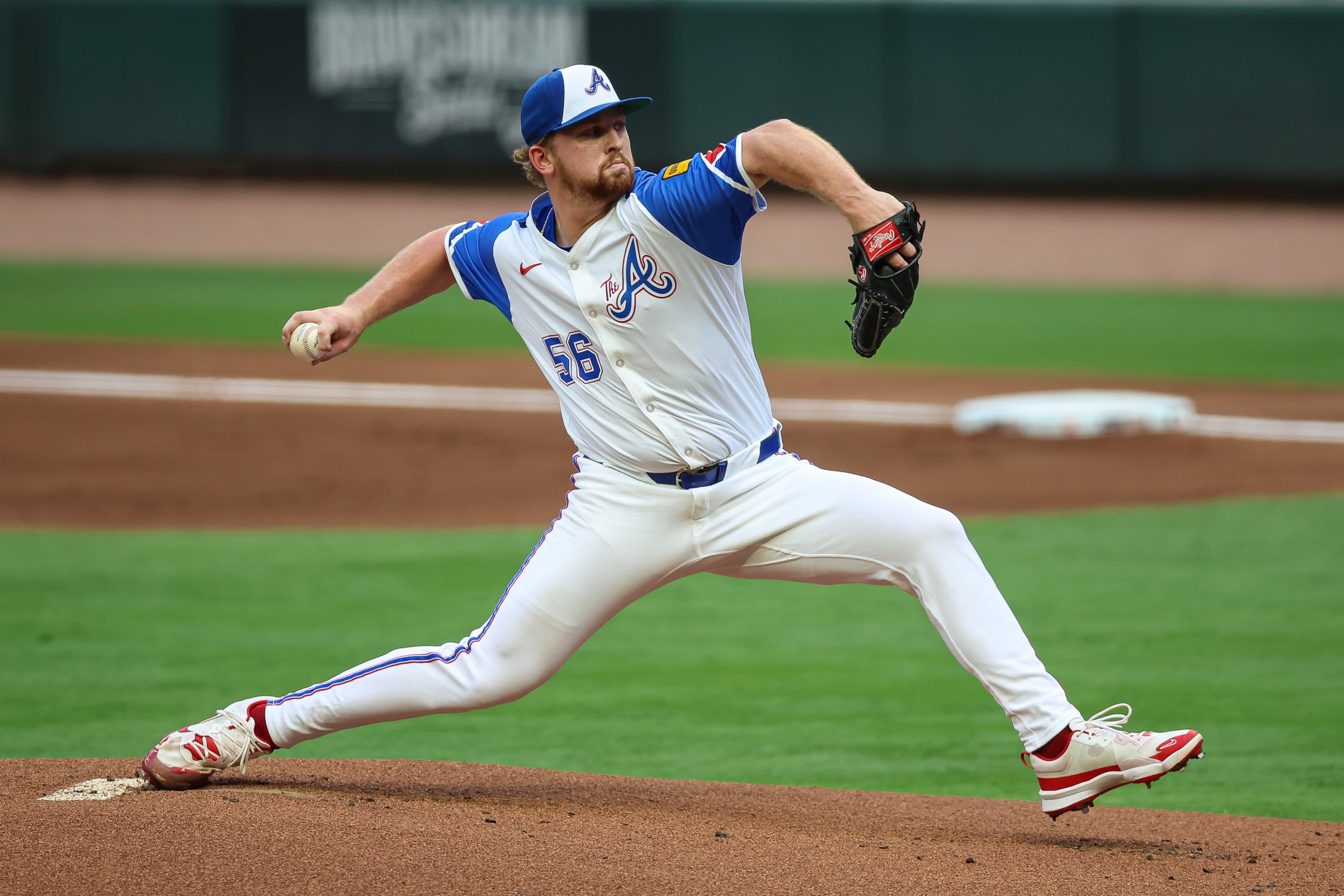 Atlanta Braves pitcher Spencer Schwellenbach (56) delivers in the first inning of a baseball game against the Philadelphia Phillies, Saturday, June 28, 2025, in Atlanta. (AP Photo/Colin Hubbard)