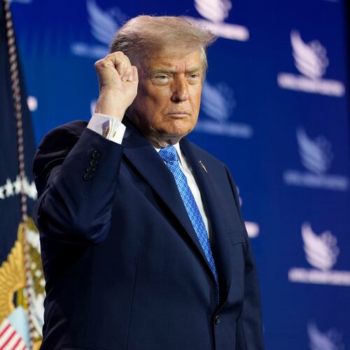 President Donald Trump addresses the crowd as he departs after speaking at the Faith & Freedom Coalition's policy conference at the Washington Hilton, Friday, June 26, 2026, in Washington. (AP Photo/Julia Demaree Nikhinson)