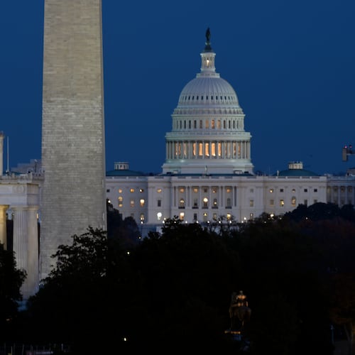 The Lincoln Memorial, Washington Monument and the U.S. Capitol in Washington, Tuesday, Nov. 4, 2025. (AP Photo/John McDonnell)