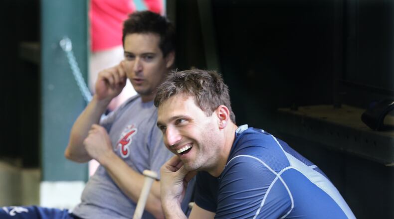 022416 LAKE BUENA VISTA: Braves outfielder Jeff Francoeur shares a laugh with Kelly Johnson in the batting cages as the full team reports for spring training at Champion Stadium on Wednesday, Feb 24, 2016, at the ESPN Wide World of Sports, Lake Buena Vista, FL. Curtis Compton / ccompton@ajc.com