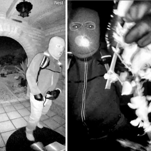 This combo from images provided by the FBI shows surveillance footage at the home of Nancy Guthrie the night she went missing in Tucson, Ariz. (FBI via AP)